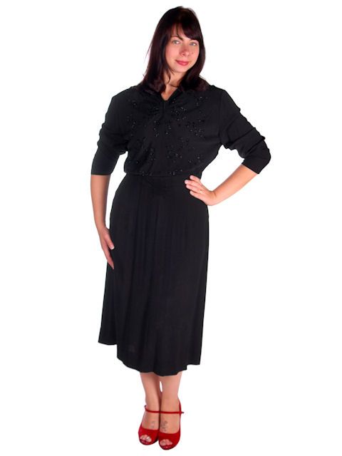Vintage Black Rayon Dress Beaded Front 1940s C.H.D.Robbins 46 35 46 