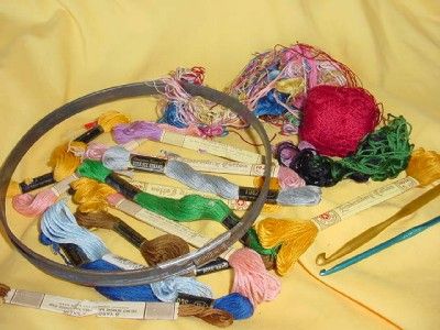 Big lot of vintage EMBROIDERY THREAD w old hoop HOOKS Skeins FLOSS 