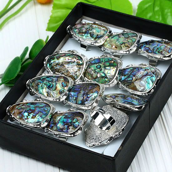 12x Abalone Shell Bead Adjustable Lady Ring Set Sz 7.5  