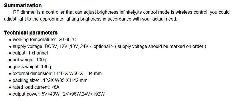 DC12V RF LED light Dimmer brightness + wireless remote  