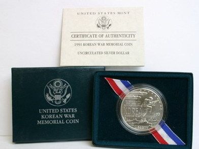 1991 KOREAN WAR COMMEMORATIVE SILVER DOLLAR COIN BU COA  