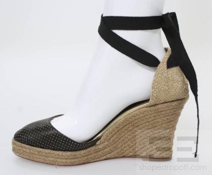   Louboutin Black & Gold Perforated Leather Wrap Around Espadrilles, 38