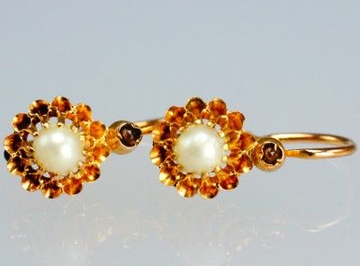   18 ct gold pearl & garnet earrings.Victorian drop earrings.  