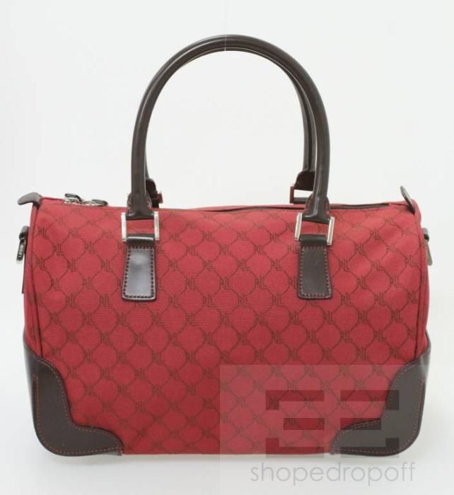 Lauren Ralph Lauren Red Monogram Canvas Leather Trim Handbag  