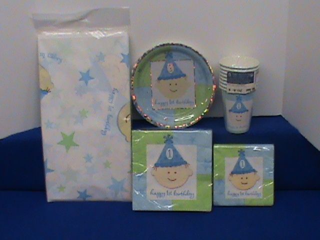   1ST FIRST BIRTHDAY PARTY SET / SUPPLIES TABLECOVER PLATES NAPKINS CUPS