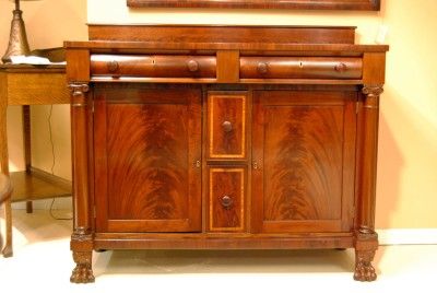 Flame Mahogany Inlaid Empire Side Board with Columns Paw Feet, circa 