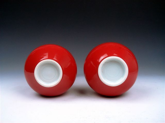 Pair Pure Red Hand Glazed Bamboo Thin Neck Vases  