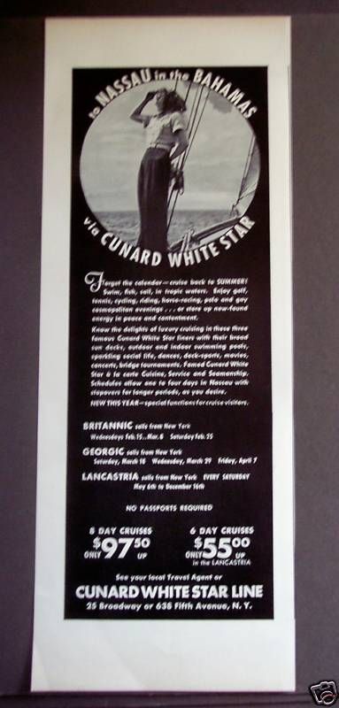 1939 Cunard White Star Cruise BAHAMAS vintage travel ad  