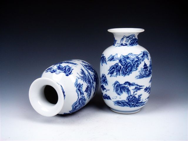 Pair Blue&White Mountains Scenery Painted Mini Vases  