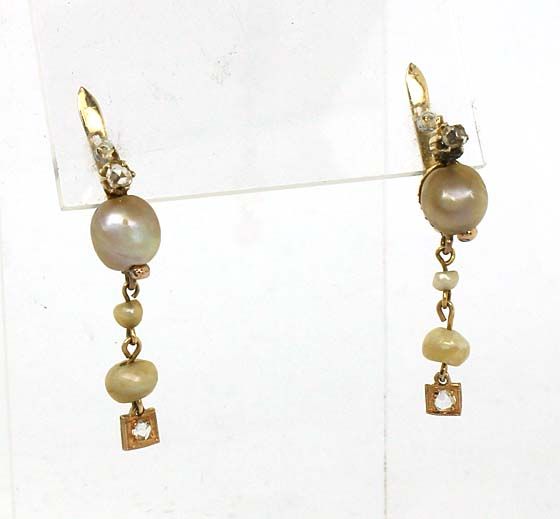 ANTIQUE GEORGIAN 14K, ROSE DIAMONDS & PEARLS EARRINGS