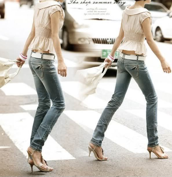 Korean Fashion Classic slim elasticity Jeans light blue  