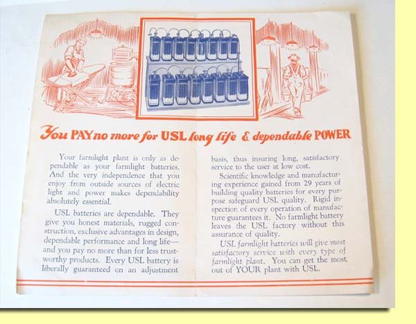 Vintage USL FARM LIGHT BATTERIES Sales Brochure  