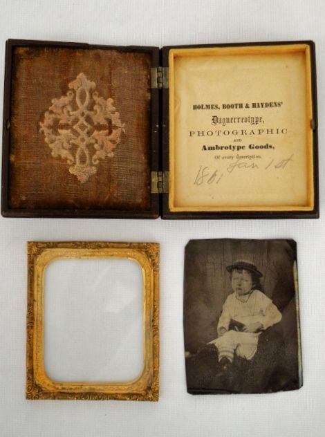   19th C. Flowers Gutta Percha Case Young Children Portrait Tintypes