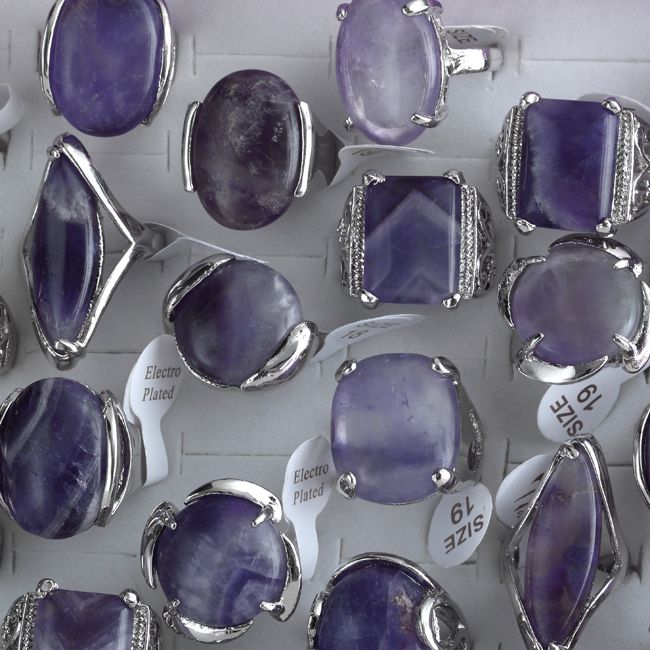   lots NEW 12pcs oversize natural amethyst gemstone silver P women rings