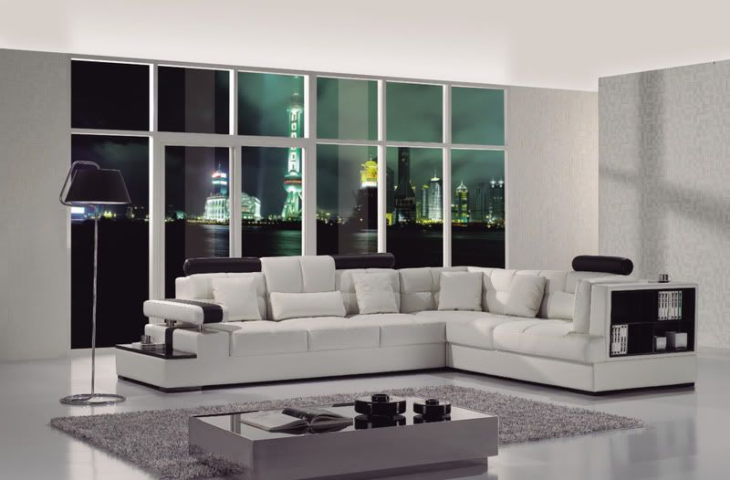 Modern White Italian Leather Sectional Sofa w/ end table & storage 