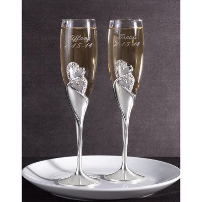 Engraved Silver Rhinestone Hearts Wedding Flutes  