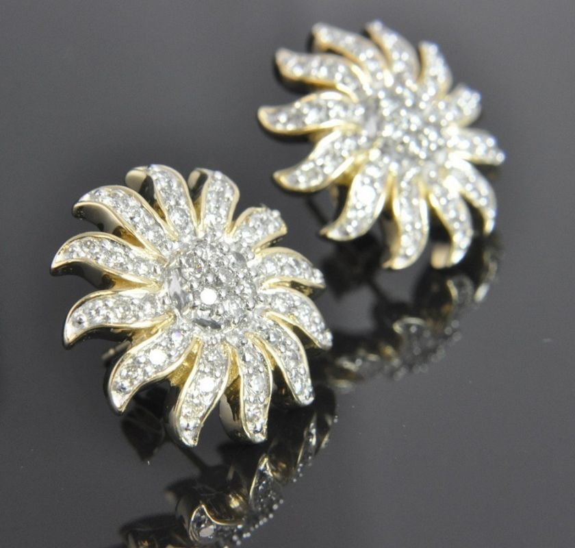 Estate Vtg 14K Gold Diamond Pave Sun Post Stud Earrings  