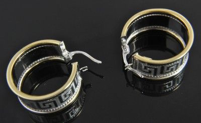 Italian Two Tone 14K Gold Greek Key Round Hoop Earrings  