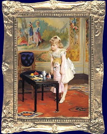 DOLLS TEA TIME Dollhouse Picture Miniature Fine Art  