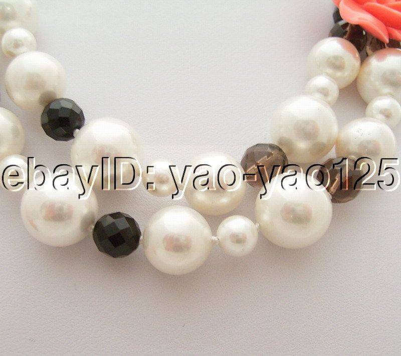 Pearl&Onyx&Smoky Quartz&Coral Flower Necklace  