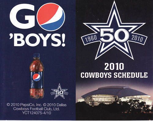 2010 PEPSI COLA DALLAS COWBOYS POCKET SCHEDULE  