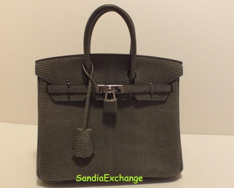 Authentic Hermes Lizard Birkin 25 cm Gris Fonce Palladium Hardware 