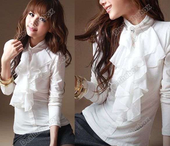   Frilled High Collar Tops Blouse T shirts Sweet White Black Rhinestone