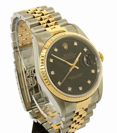 ROLEX OYSTER PERPETUAL DATEJUST 2 TONE 18K/SS WATCH BLACK DIAMOND DIAL 