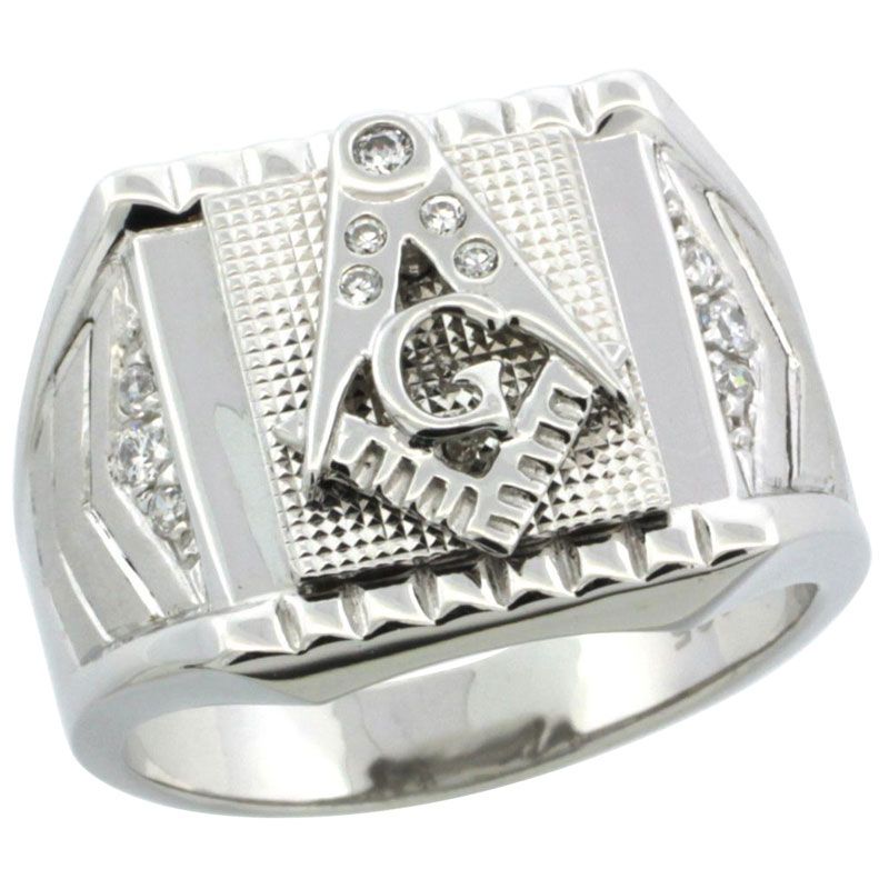 Sterling Silver Mens Masonic Ring w/ CZ Stones & Frosted Side Accents 