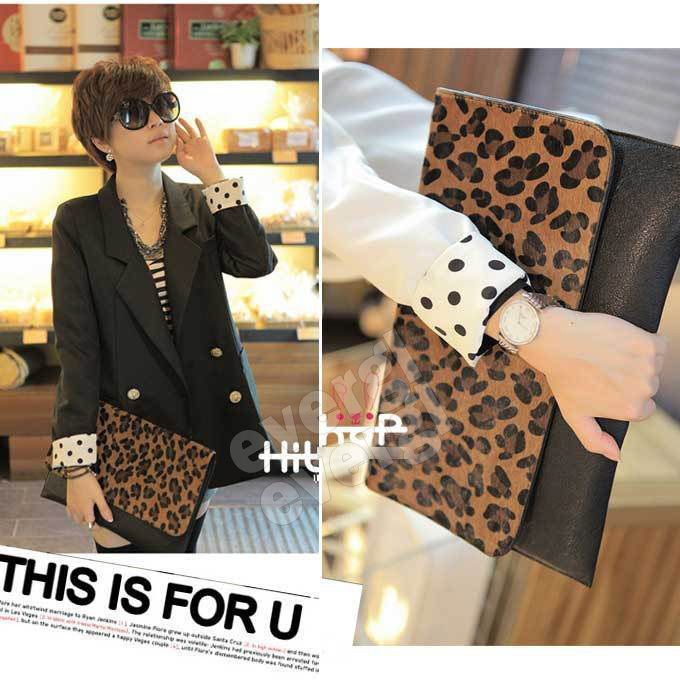 Women Horse Hair Leopard Clutch Shoulder Purse Handbag Envelope 