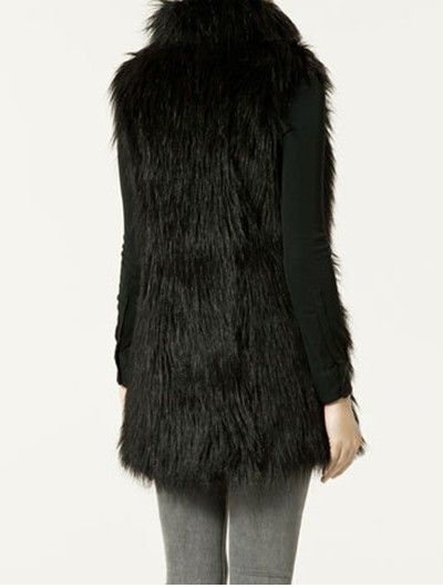   Sleeveless styling open front stand neck Black Faux Fur Gilet Vests