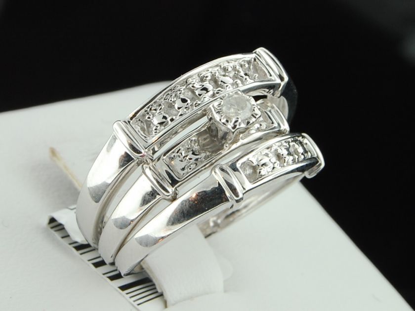   White Gold Finish Diamond Engagement Ring Wedding Band Trio Set  